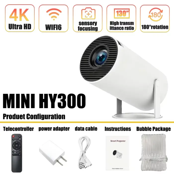 Projecteur de jeux vidéo HY300 2026 Nouveau projecteur LED portable d'extérieur 4K Wifi 1080P 1280x7