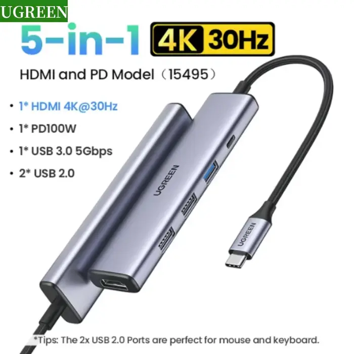 UGREEN 5 en 1 USB C Hub 4K HDMI USB HUB 100W adaptateur Multiport pour MacBook Pro/Air