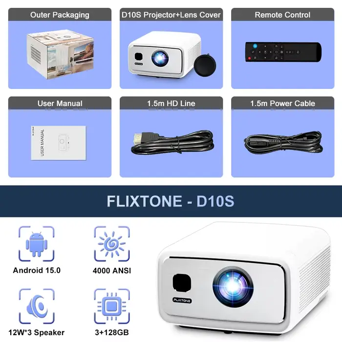 Projecteur Full HD Flixtone 4000 Ansi 4k D10S 3G 128 G, projecteurs Beam pour cinéma maison, vidéo A