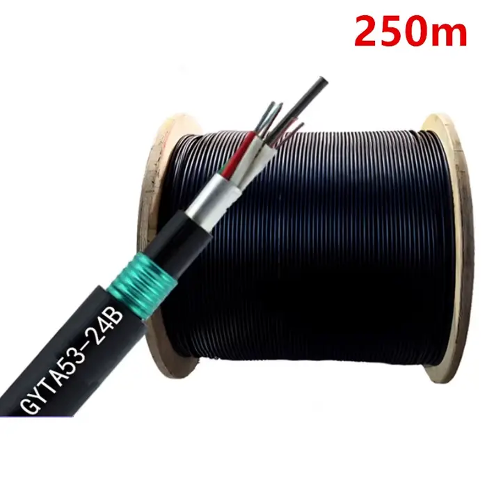 Câble optique GYTA53, Double gaine robuste, fibre blindée enterrée directe, 6/12/24/48 cœurs, 250 m