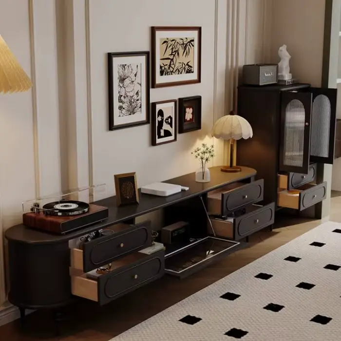 Support tiroirs meuble Tv décoration marron noir salons luxe