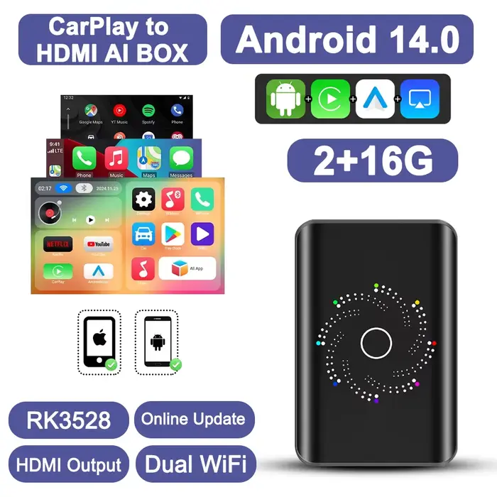 Boîtier AI 4 cœurs 4+32 Go Android 14.0 compatible Netflix YouTube CarPlay sans fil, adapté à 99 % d
