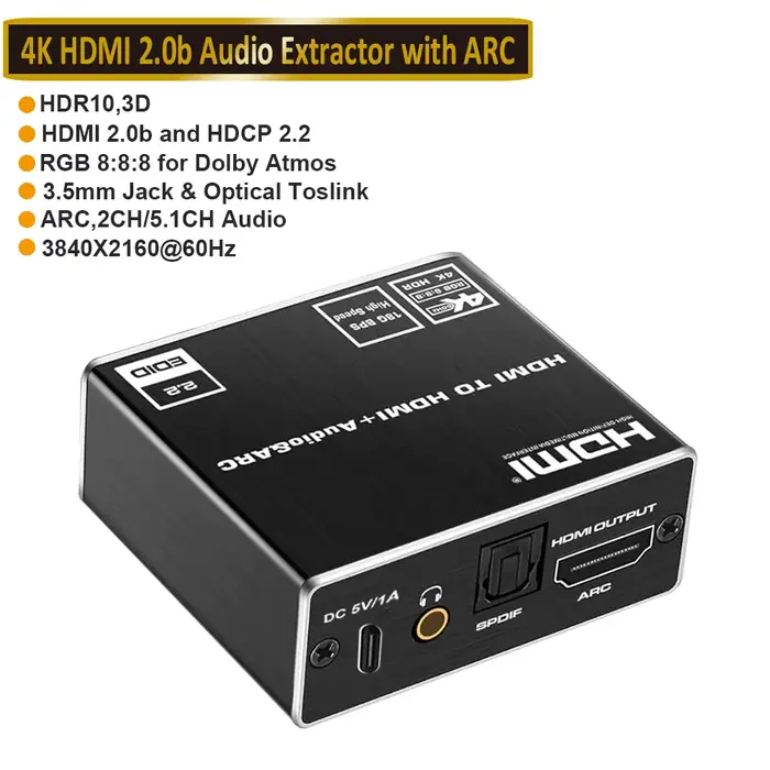 Extracteur audio HDMI 4K 60Hz HDMI 2.0, séparateur d'arc 5.1 Ch, convertisseur audio HDMI vers tosli