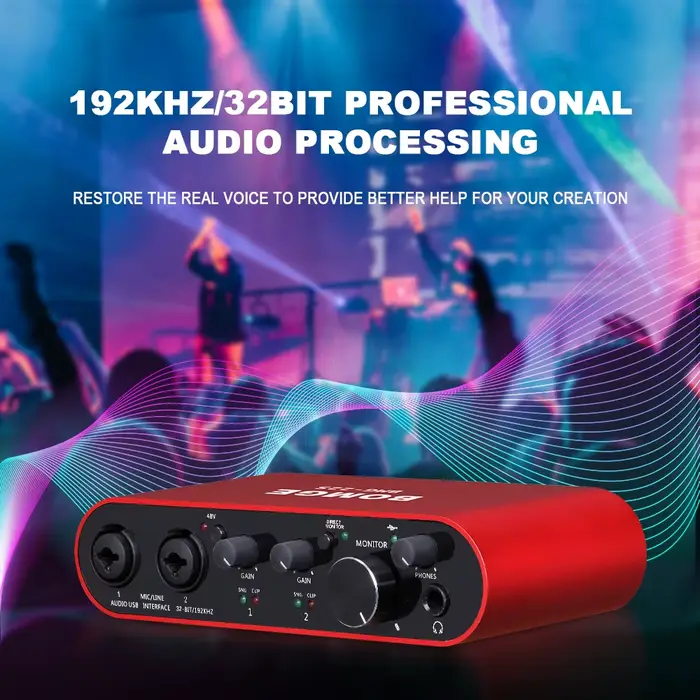 Interface audio BOMGE BMG-22S Carte son professionnelle 32 bits/192 kHz et amplificateur double canal utilisés pour l'enregistrement en direct