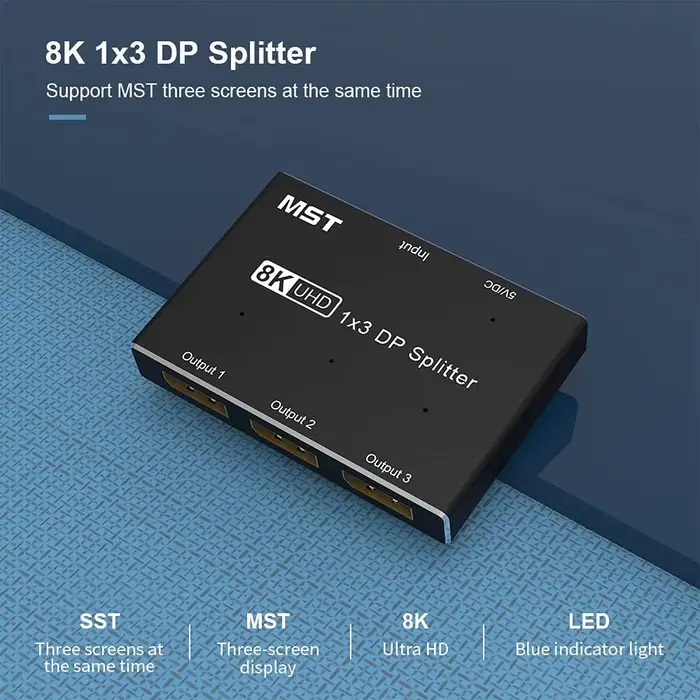 Répartiteur DP 1x3 Displayport1.4, adaptateur SST MST Hub 8K 60Hz 4K 120Hz pour affichage simultané 