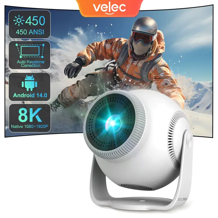 Projecteur Velec Android 14 8K décodage mise au point automatique 450 ANSI 720P TP360 nouveau projec