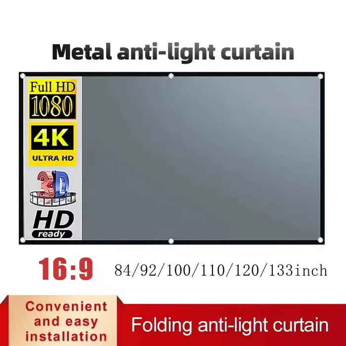 Écran de projecteur gris Simple 16:9, rideau Anti-lumière 60/72/84/100/110/120/133/150 pouces, pour 