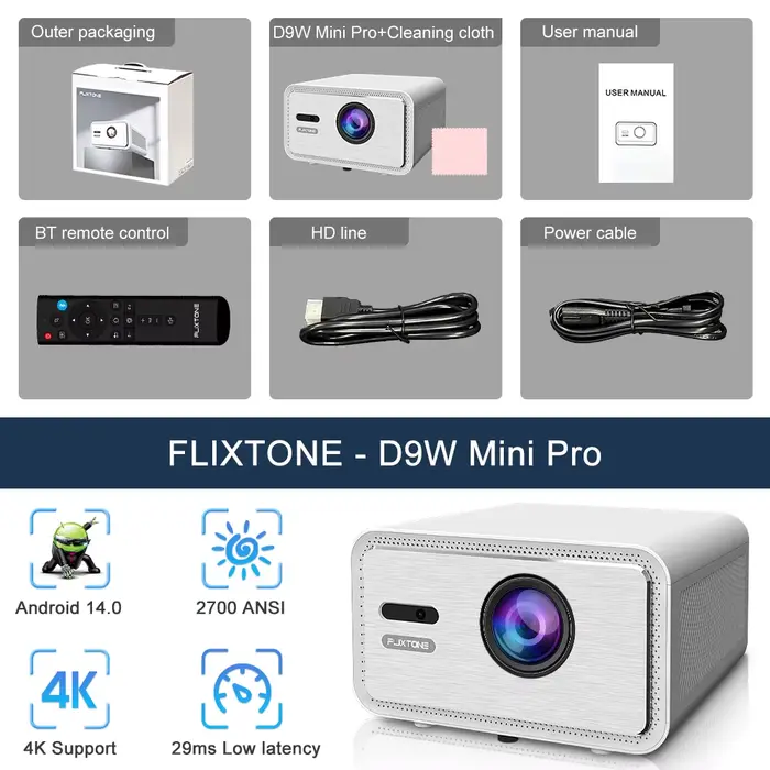 Projecteur Flixtone 2700 ANSI Full HD 1080P D9W Mini Pro Android 14.0 4K pour cinéma maison, vidéo B