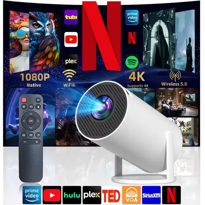 Projecteur intelligent HD, résolution native 1080P, compatible 4K, système Android, WiFi6, 180 °   P