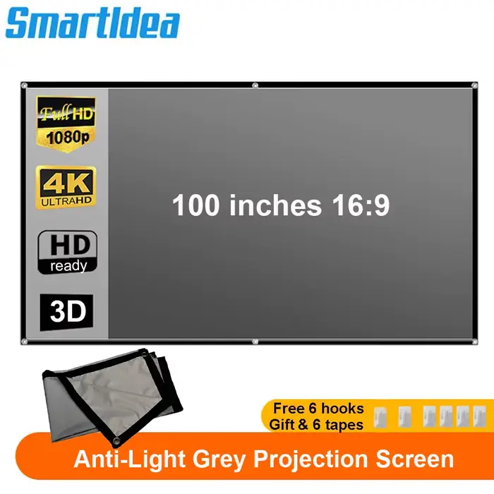 Smartldea écran de projecteur 100 pouces 16:9 gris Anti-lumière Portable bordure noire avec trous