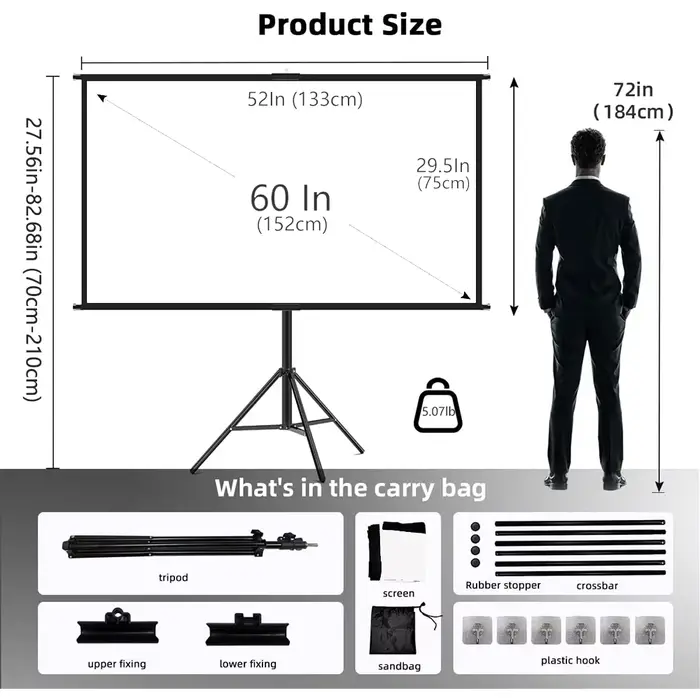 VEIDADZ écran de projecteur avec support pliable blanc sans plis 60-120 pouces 16:9 écran avec sac p