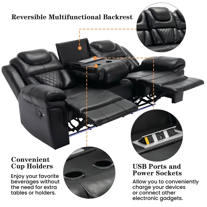Chaise inclinable noire moderne pour Home cinéma, avec cadre métallique extensible, bande lumineuse 