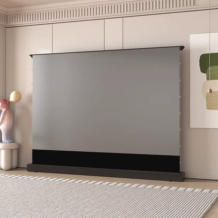 Écran de projection électrique au sol de 120 pouces ALR (rejetant la lumière ambiante) avec tension par languettes pour projecteurs UST 3D 8K