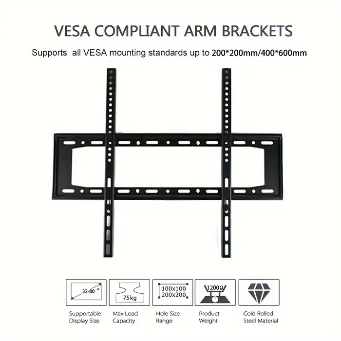 Support mural TV fixe pour la plupart des téléviseurs plats/incurvés de 14 à 32 pouces avec VESA maximum 200 x 200 mm