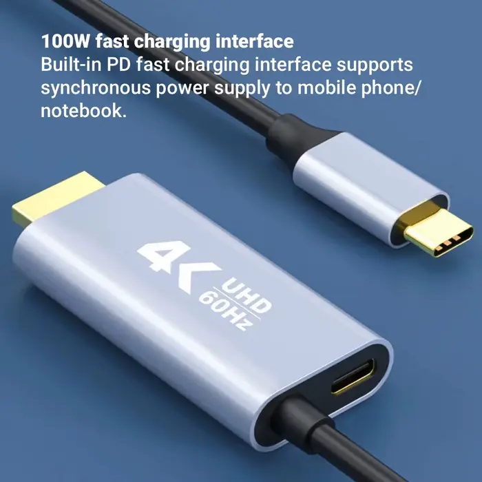 KEBIDU Câble vidéo USB C vers HDMI compatible 4K 30Hz/60Hz Type C avec charge PD 100W pour écran TV
