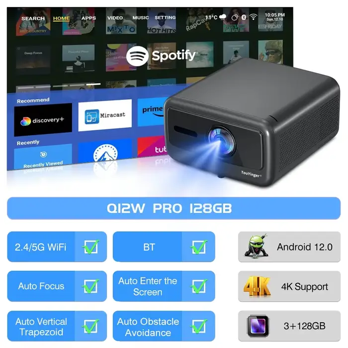 Touyinger-Projecteur Q12W PRO, Full HD, 1080P, 4K, 2800 ANSI, Android 12 Cinema Beam, Home Tari, Vid