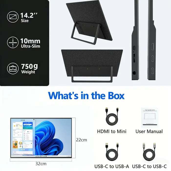 Moniteur tactile portable 14,2 pouces 2,5K, 100% SRGB QHD IPS, USB-C Mini HDMI, deuxième écran exter