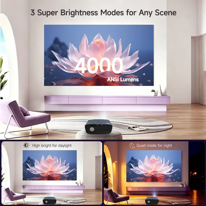 CAIWEI S7+ Projecteur Vidéo 4K Ultra HD 4000 ANSI Home Cinéma Android pour Films Mise au Point Automatique Smart TV Projecteurs de Faisceau pour Extérieur