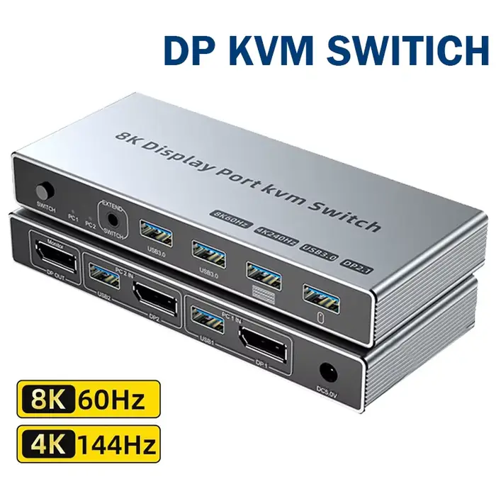 Commutateur KVM Displayport 2 en 1 sortie 8K @ 60Hz 4K @ 144Hz DP1.4 commutateur KVM USB3.0 avec 4 p