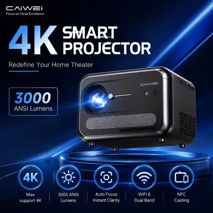 CAIWEI A6W Projecteur 4K Full HD 1080P, Home Cinéma, Mise au point automatique, Android, Projecteur 
