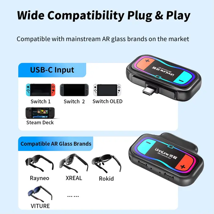 Adaptateur USB-C Unnlink 4K@60Hz pour lunettes AR et chargeur pour Nintendo Switch 2