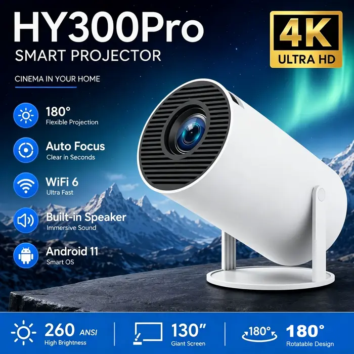 Projecteur HY300 PRO Android 11 260ANSI 4K Double Wifi6 BT5.4 1080P 1280*720P 8000 Lumens Home Cinema portable