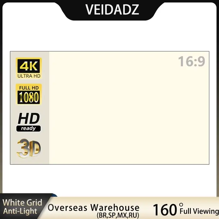 Écran de projecteur VEIDADZ 60 72 84 100 120 130 po grille blanche anti-lumière 160 ° Film extérieur intérieur d'écran