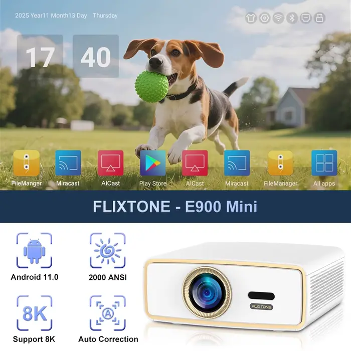 Projecteur portable Flixtone Full HD E900 MINI Beamer 4K 8K 2000 ANSI Android, projecteur vidéo 3G 6