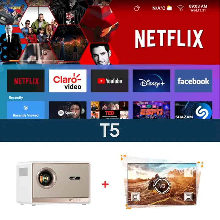 BYINTEK T5 Max Full HD 1080P projecteur 4K 1000ANSI Android WiFi 6 mise au point automatique profess