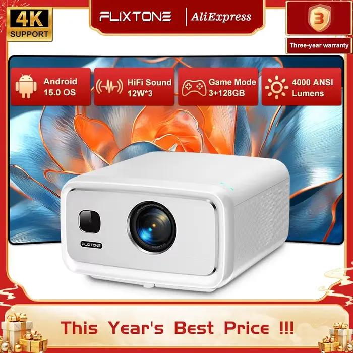 Projecteur Flixtone D10S 4000 Ansi Full HD 4K WiFi Android 15 3G 128 Go pour jeux et données, idéal 