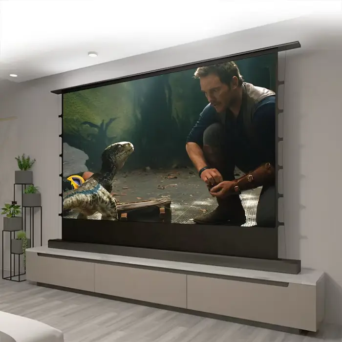 Écran de projection à la hauteur du sol enroulable Hurized avec onglet, tension, cinéma, blanc, tous