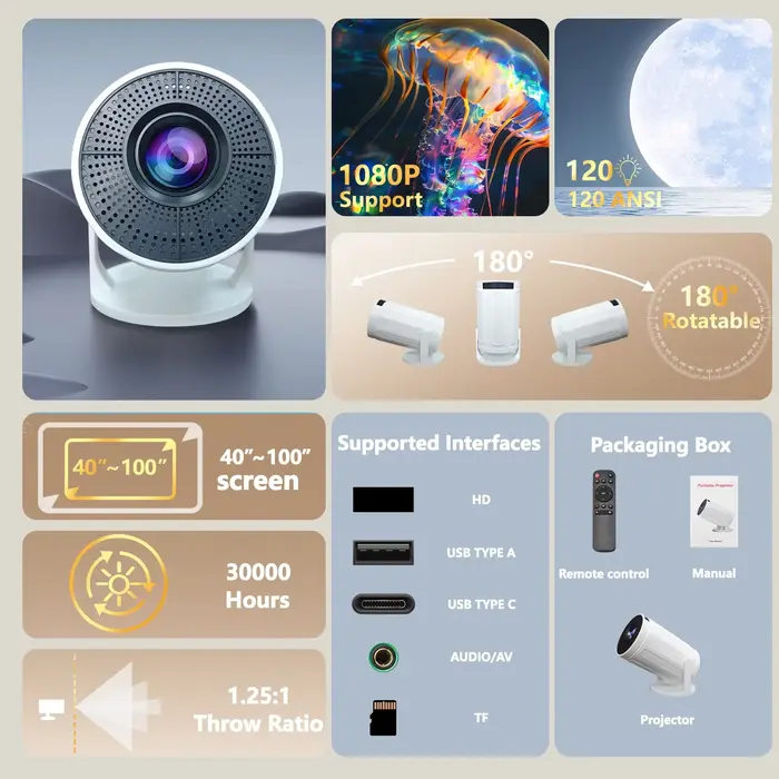 Projecteur RUSMR RY008 PRO 4K Android Double Wifi6 290ANSI Allwinner H713 BT5.0 1080P 1280*720P Cinéma à domicile