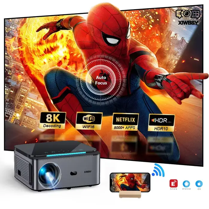 Projecteur Android XIWBSY 1000 ANSI Lumens 25000 Lumens 4K avec Auto Focus/Correction Trapézoïdale p