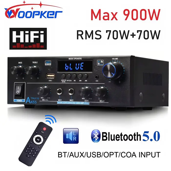 Woopker amplificateur AK55 900W Max 2.0 canaux évalués 70W + 70W Bluetooth Audio Hifi AMP karaoké lecteur de musique Support 110V 220V 12V