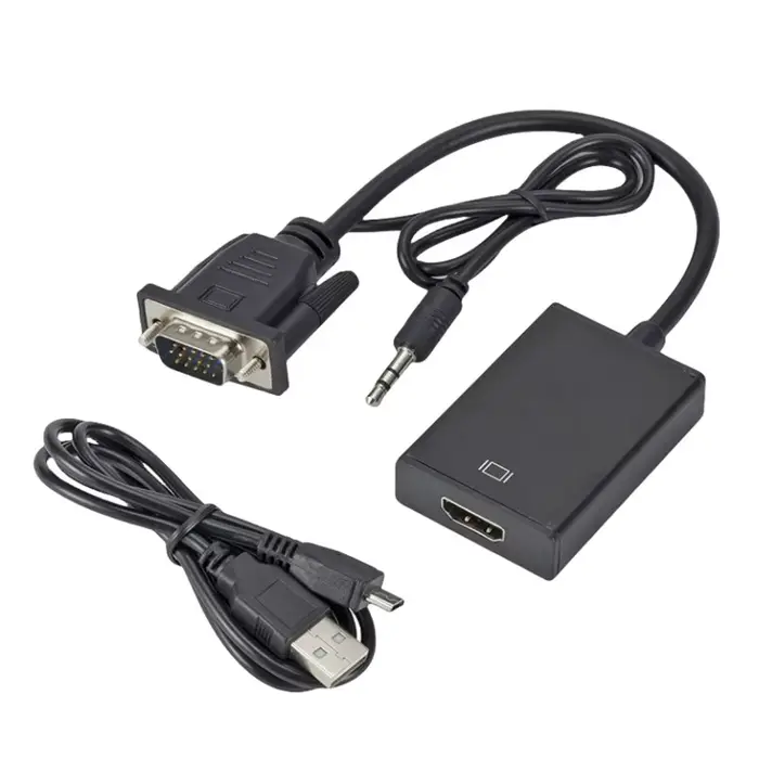 Adaptateur convertisseur VGA vers HDMI, avec câble Audio-vidéo 3.5mm, entrée VGA, sortie HDMI pour o