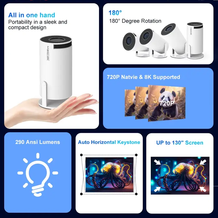 Projecteur magnétique HY300 Pro 8K Android 14 double Wifi6 290ANSI Allwinner H726 BT5.4 1080P 1280*720P
